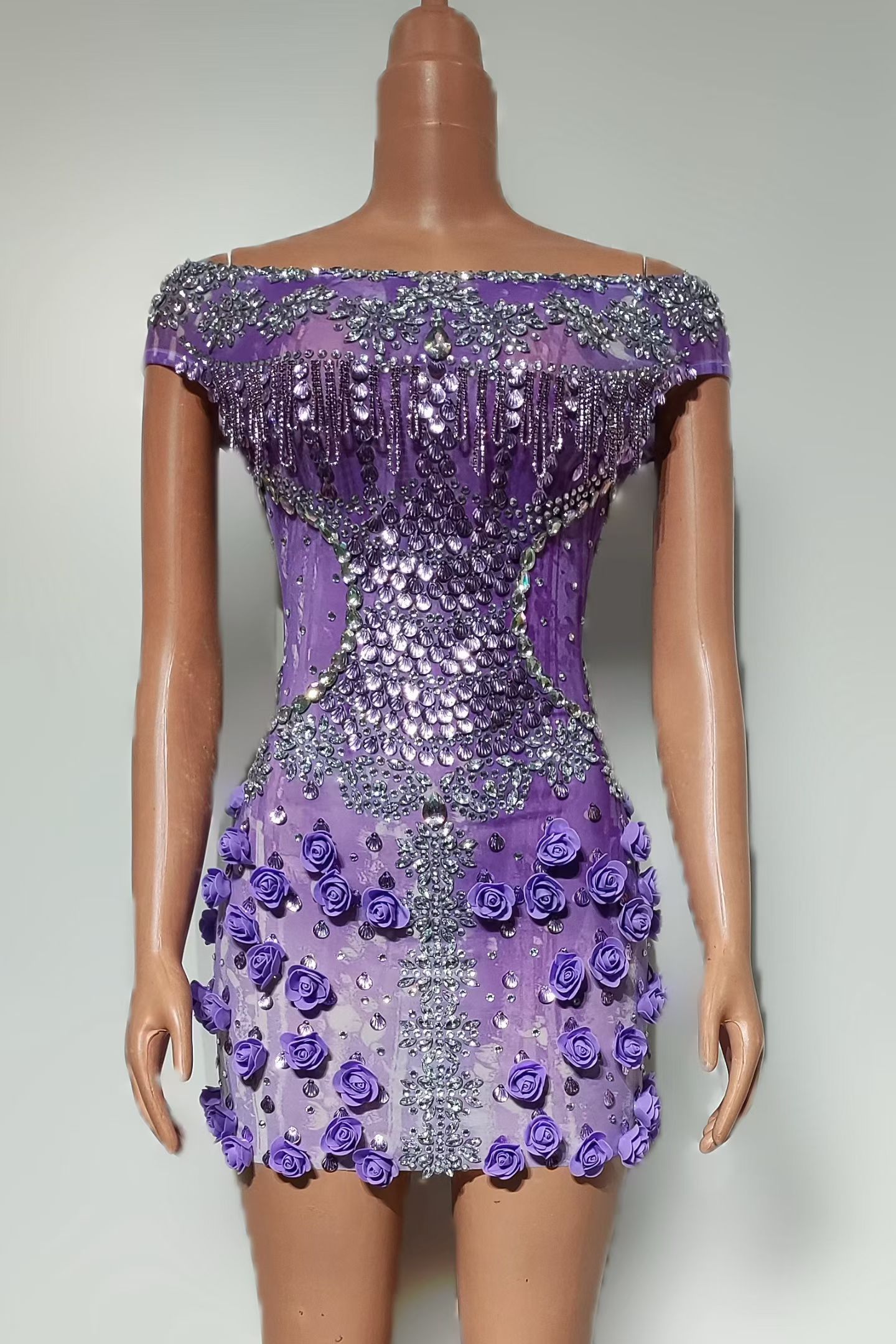 Sparkly Rhinestone Club Party Dress - 반짝이는 보라색 라인스톤 3D 장미 오프숄더