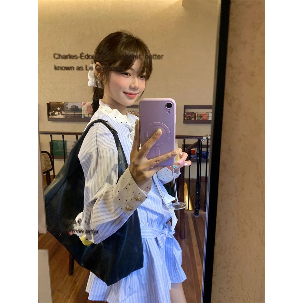 Korean Style A Line Shirt Dress - 한국 스윗 스쿨 스타일 스트라이프 스플라이싱