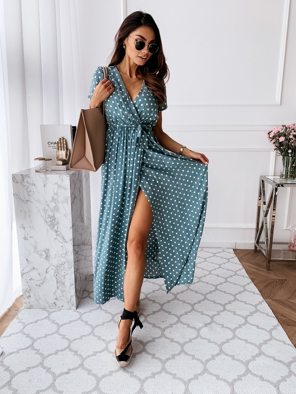Boho Summer Beach Maxi Dress - 여성용 맥시 원피스 반팔 V넥 폴카