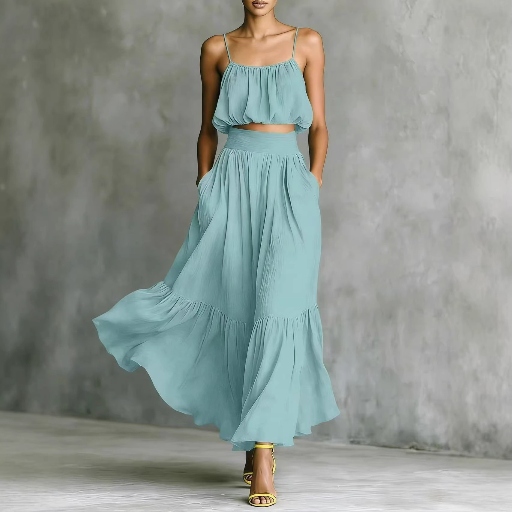 여성 여름 투피스 의상, 러칭 크롭탑과 티어드 맥시 스 - Boho Summer Beach Maxi Dress 리뷰 및 가격