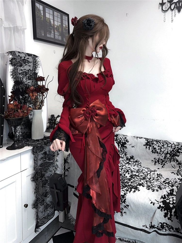 봄 레드 빈티지 드레스 여성 레이스 프랑스어 레트로 우 - French Vintage Floral Midi Dress 리뷰 및 가격