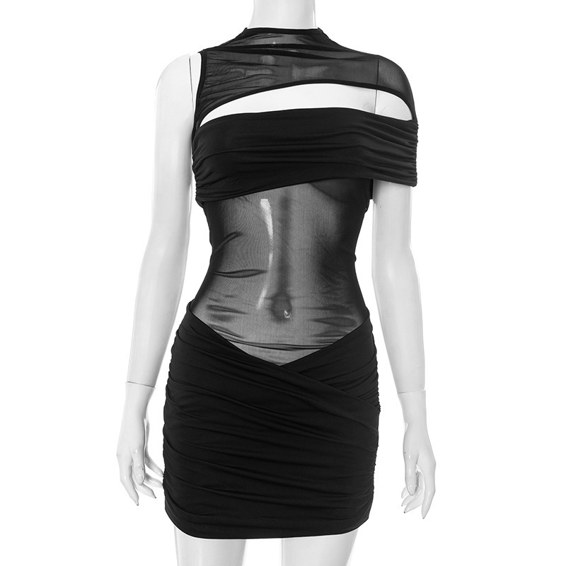 여성 파티 클럽 드레스 블랙 장식 비대칭 러칭 시스루  - Sexy Mesh Sheer Bodycon Dress 리뷰 및 가격