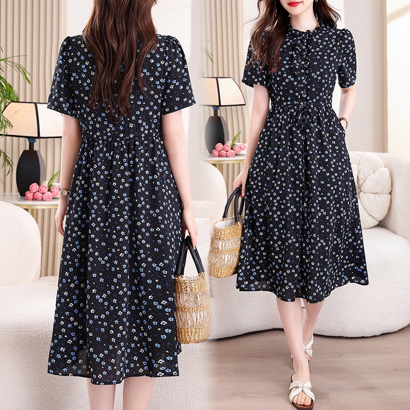 빈티지 네이비 블루 플로럴 프린트 미디 드레스 러플 V - French Vintage Floral Midi Dress 리뷰 및 가격
