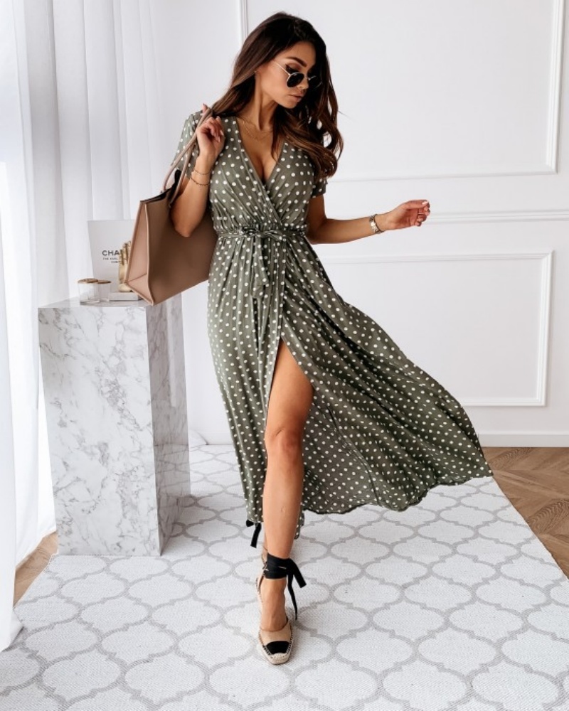여성용 맥시 원피스 반팔 V넥 폴카 도트 원피스 스플릿 - Boho Summer Beach Maxi Dress 리뷰 및 가격